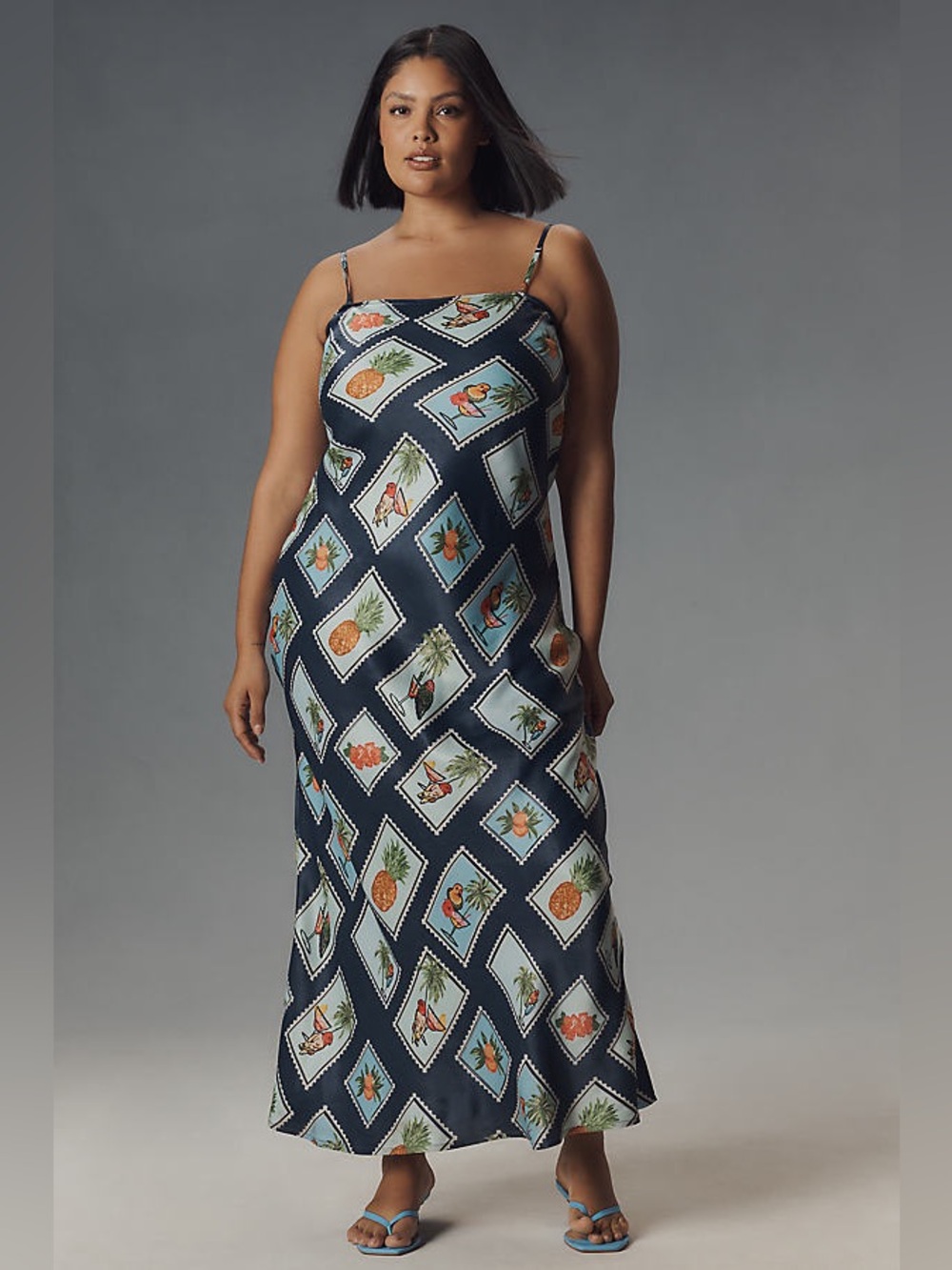 Anthropologie Conditions Apply Chloe Maxi Slip Dress Blue Stamp Bird 2X Tropical